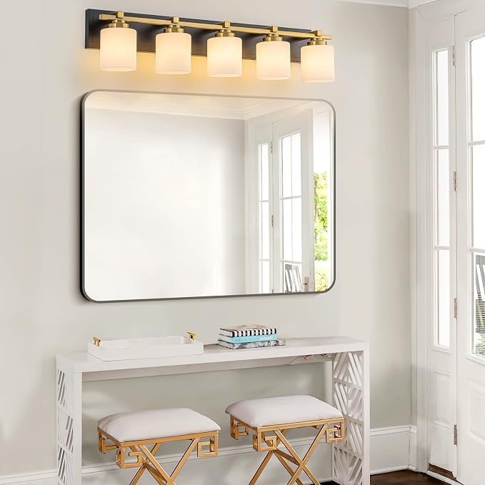 Modern Bathroom Light Fixtures Over Mirror, Vanity Lights for Bathroom Wall Sconces with Milky White Glass Shades, E26 Socket (Bulbs Not Included), 5 Light, Black Gold