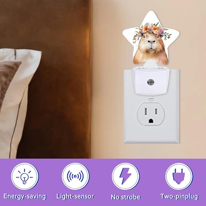 Cute Capybara Night Lights Plug Into Wall,Spring Flower Animal Dusk to Dawn Light Sensor Night Light for Kids, Energy Efficient Sleep Friendly Lamp for Bedroom Bathroom Nursery