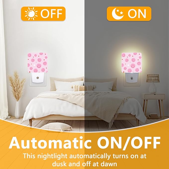 Pink Smiley Face Night Light, Plug-into Nightlight White LED Lamp, Energy Efficient Decor Desk Lamp for Bedroom Hallway Stairs Bathroom