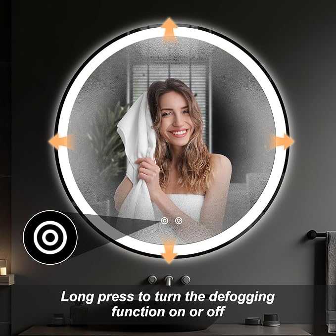 Sweetcrispy 36 Inch Round LED Mirror for Bathroom with Lights, Circle Vanity Mirror with Anti-Fog, Dimmable, 3-Color Light, Memory Function, Tempered Glass