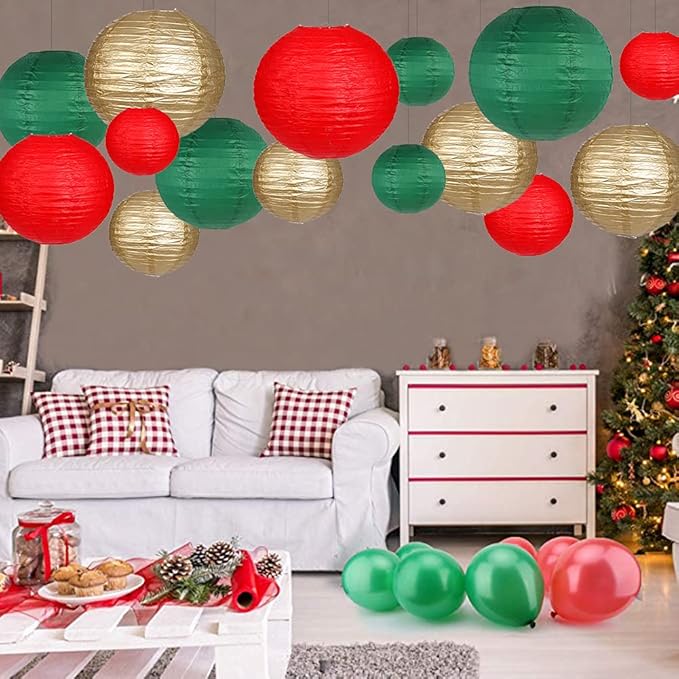 Paper Lanterns Decorative, Round Hanging Paper Lanterns Decorations for Christmas Graduation Anniversary Birthday Party Supplies Green/Red/Gold 15pcs