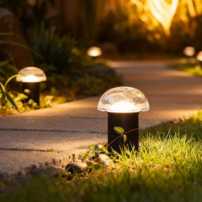 Low Voltage Landscape Pathway Lighting 6PK 1.5W LED Mushroom Lights 35Lumen Wired Walkway Light 3000K Warm White Driveway & Sideway Lights Metal Black Finish with Connector Stake