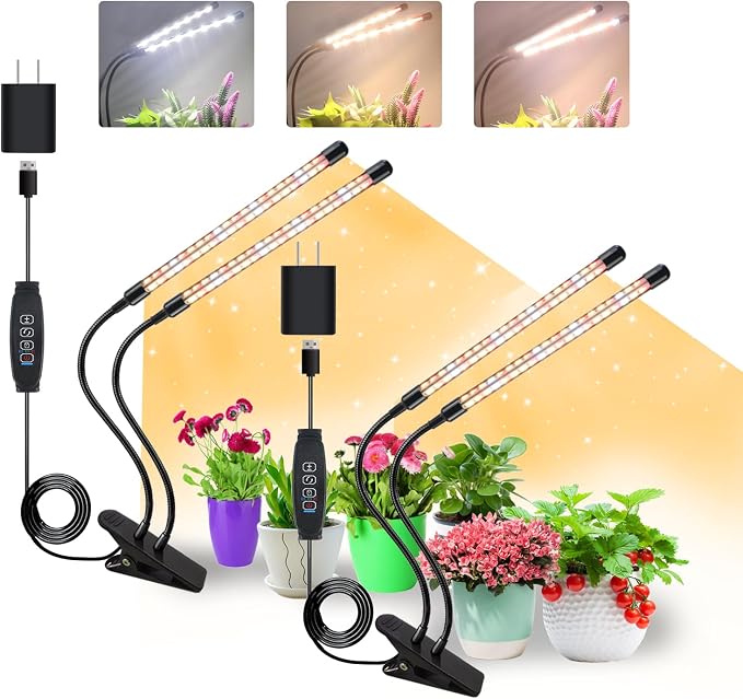 Plant Lights for Indoor Growing, 4 Heads Clip Grow Lamps | Clip Grow Light with 10 Feet Cables, 3/9/12H Auto on/off timer,For Seeding Blooming and Fruiting, 2 Pack