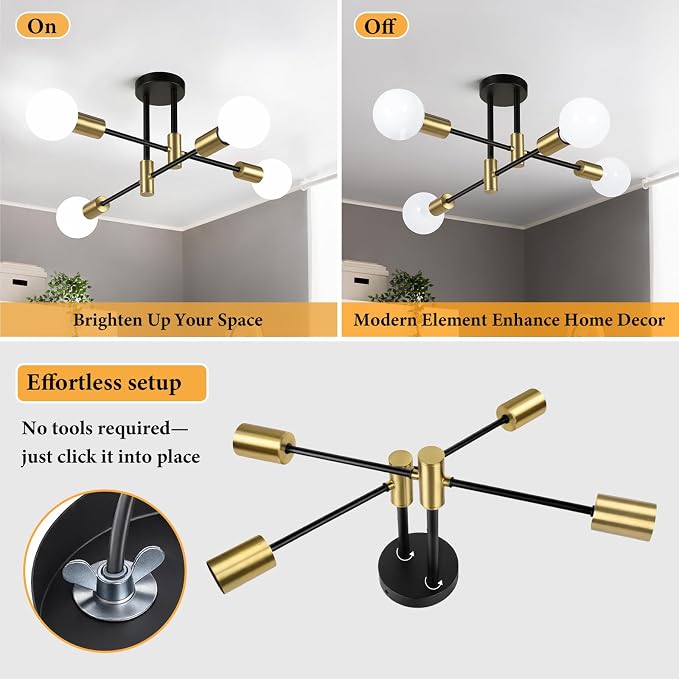 4-Light Modern Black and Gold Sputnik Chandelier | Industrial Semi Flush Mount Ceiling Light Fixture for Kitchen Dining Room Living Room Bedroom Foyer