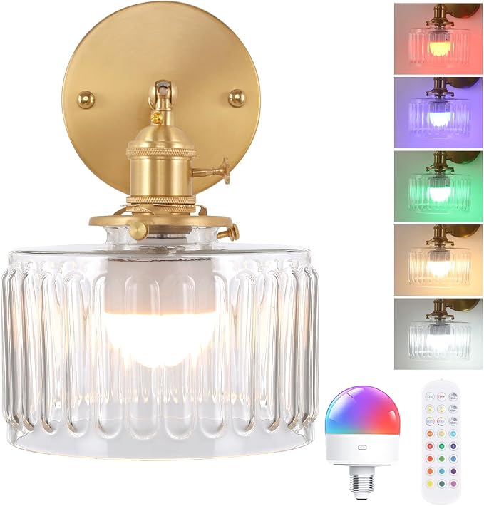 Shenmoyl Vintage Battery Operated Wall Sconce with Clear Striped Glass Lampshade 5000 mAh Rechargeable Battery Powered Wall Light with Remote Control for Bedside Bedroom Doorway