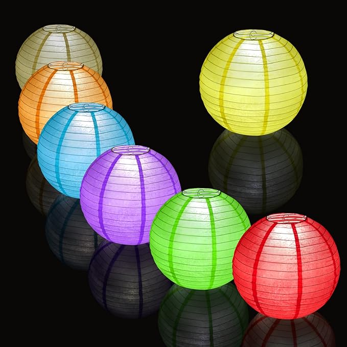12pcs Yellow Paper Lanterns with 12pcs White LED Lights, 6" 8" 10" 12" Round Hanging Chinese/Japanese Ball Lantern for Easter Wedding Anniversary Birthday