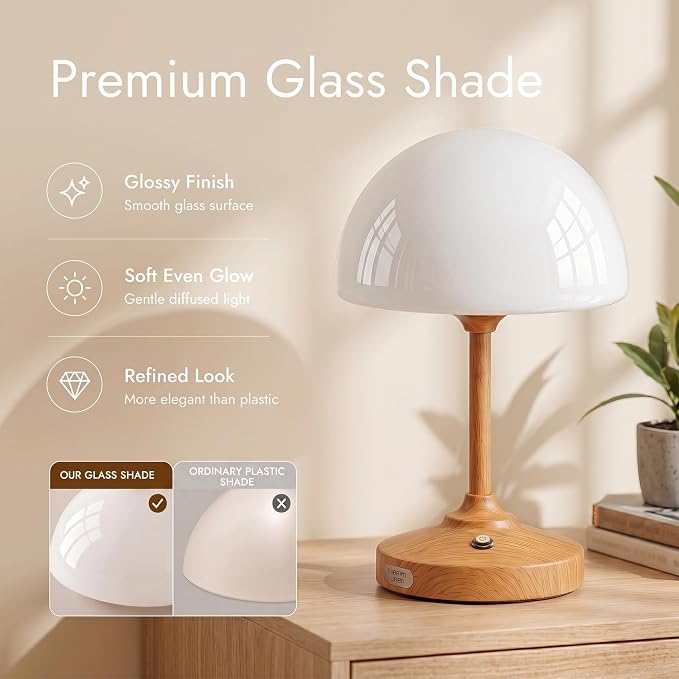 Table Lamp Cordless Lamp,5000mAh Rechargeble Battery Operated Lamp | Small Bedside Desk Lamp 11.02" with Glass Shade 3-Way Dimmable Portable LED Table Light,for Outdoor,Dinner,Patio(Wood Grain)