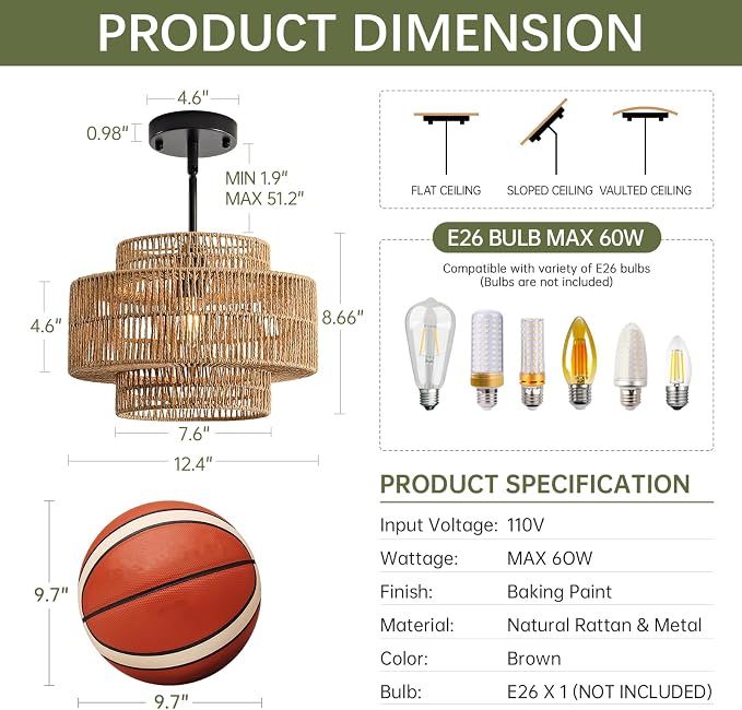 12.4” Boho Rattan Pendant Light Fixture for Dining Room, 1-Light Black Chandelier Farmhouse Rustic Hanging Lamp for Kitchen Island, Bedroom, Living Room, Entryway, Foyer, Hallway