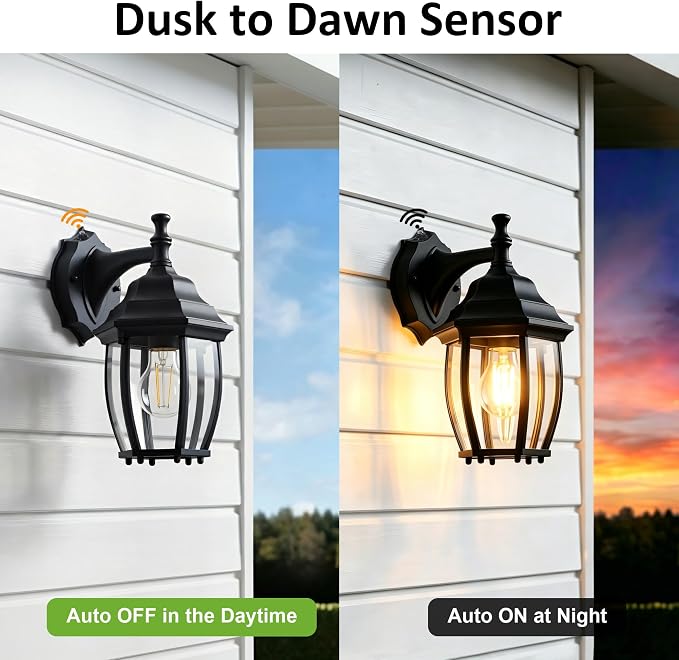 Outdoor Wall Light Fixture, Rustproof Aluminum, Glass | Dusk to Dawn Large Exterior Porch Light Wall Sconce Lantern for House, Patio, Garage, Waterproof, E26 Socket 60W Max, Black