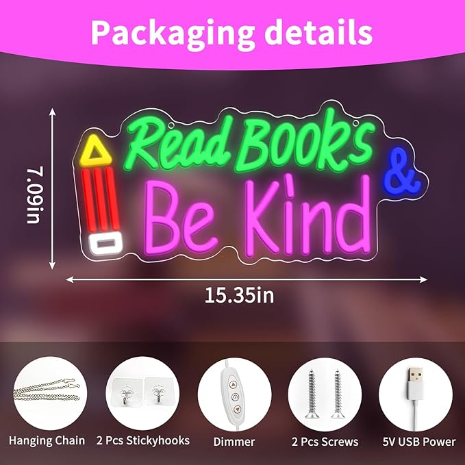 Read Books and Be Kind Neon Sign, Adjustable Pencil Neon Light Student LED Neon Light, Colorful Neon Light Up Sign for Classroom Bookstore Library Study Room 15.35 x 7.09 inch