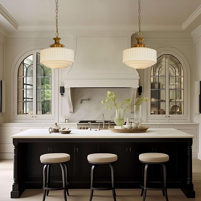 Vintage Brass Milk Glass Pendant Light Fixture, 13.8" White Pleated Glass Chandelier, Antique Pendant Lights, for Kitchen Island Lighting, Hallway, Bedroom, Dining Room, Foyer, E26 Bulb Included