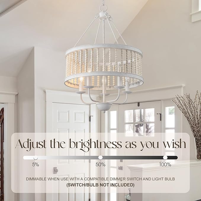 Drum Pendant Chandelier, Boho Wood Beaded Distressed Farmhouse Chandeliers for Entryway Dining Room, Vintage Handmade Chandelier Retro Antique White Lighting fixtures Hanging 5-Light W19.7