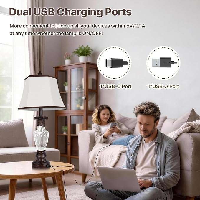 28.5" Table Lamps Set of 2, Vintage Glass Nightstand Lamps with USB Ports | Farmhouse Lamps for Living Room Bedroom, 3-Color Temperatures Bedside Lamp, Resin Brown Lamp with Nightlight, Bulbs Included