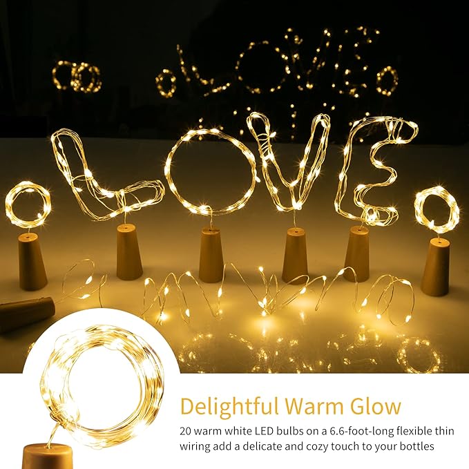 Brightown 10 Pack 7ft Battery Operated Wine Bottle Lights with Cork | 20 LED Bulbs, Warm White Glow, Waterproof, Flexible Silver Wire, Lovely for Liquor Bottles DIY Party Christmas Wedding Décor