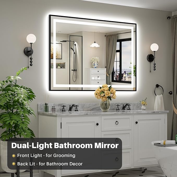55x40 Inch LED Bathroom Mirror with Black Frame, Backlit & Front Lit | Anti-fog, 3 Color Dimmable, Memory Function, HD Reflection Tempered Glass, ETL Listed, IP54 Waterproof