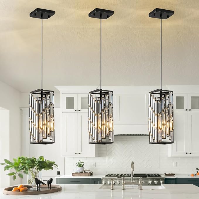 CATINER Black Crystal Pendant Light 3-Pack, Mini Hanging Light, E26 | Black crystal pendant lights 3-pack with adjustable 70.8" cords, E26 base, dimmable for kitchen island lighting