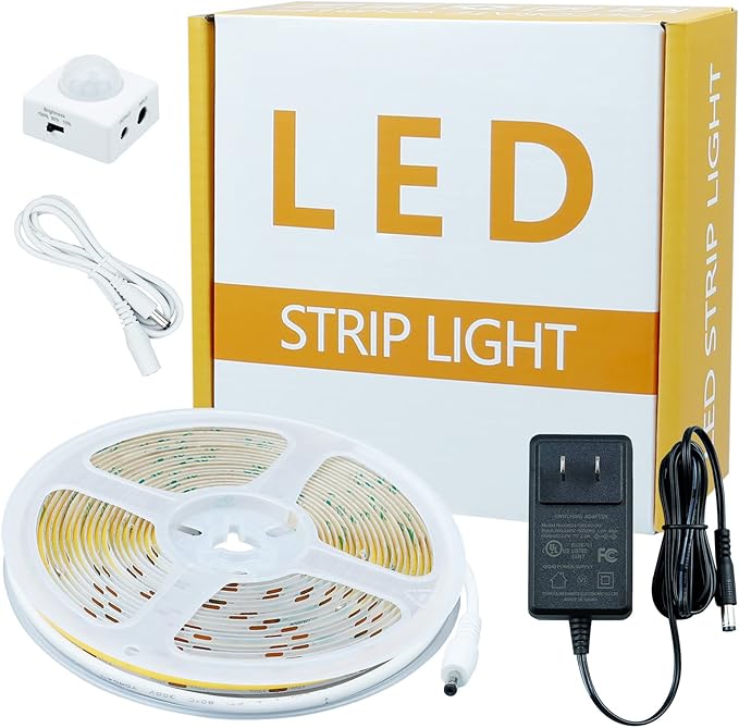 GOMING Motion Sensor COB LED Light Strip 16.4ft(5M) Warm White 3000K 3 Lighting Modes 3 Timing Off Modes 3 Brightness Modes with Power Adapter for Kitchen Cabinets Stair Showcase Bedroom Bed