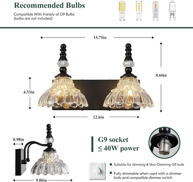 Vintage Bathroom Vanity Light, 2-Light Black Vanity Lighting Fixture with Flower Glass Shade, Bathroom Lighting Fixtures Over Mirror