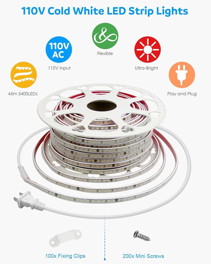 Aclorol 110V LED Strip Lights Outdoor Waterproof 150FT 1 Roll Cold White | Flexible Exterior LED Rope Lights, NO Drop Voltage 120LEDs/m, with 3ft Power Cord for Garden Patio Indoor Decorative Lighting