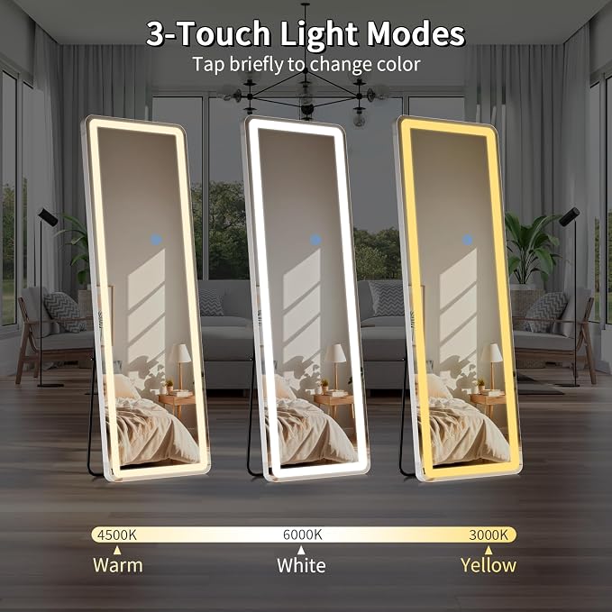 Koonmi LED Full Length Mirror, 56"x20" Full Length Mirror with Lights, Lighted Floor Mirrors with Stand, Full Body Mirrors with Dimming & 3 Color Lightingfor Living Room Cloakroom, White