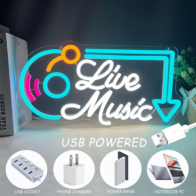 Live Music Neon Sign, Music LED Neon Lights for Wall Decor, Dimmable Live Neon Light Sign, Neon Live Sign Light up Sign for Bar Studio Bedroom Party Present Club Handcrafted Nightclub Parties