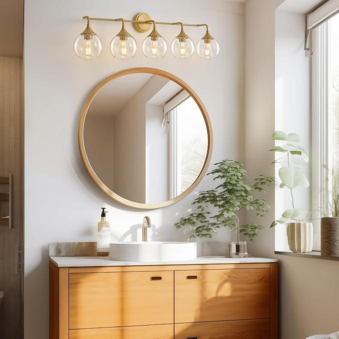 Farmhouse Bathroom Vanity Light Gold 5-Light Vanity Light 39" | Modern Vanity Lighting Fixtures Over Mirror, Thickened Clear Glass Shade, UL E26 Dimmable Vanity Light Fixtures