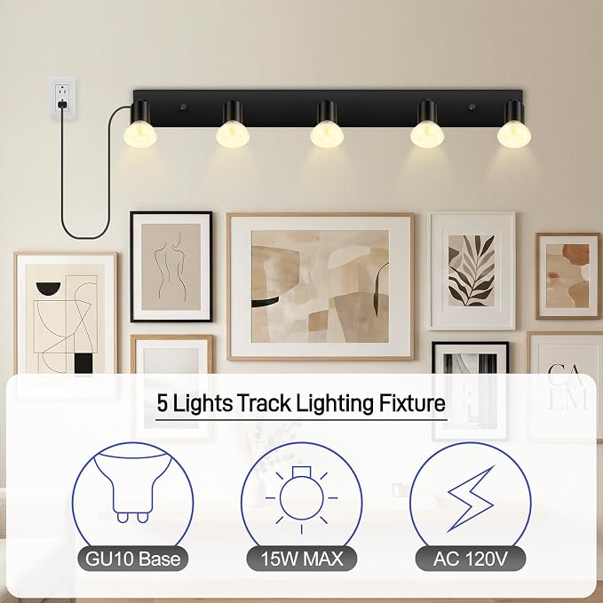 Plug in Track Light,30"Track Ceiling Lighting Fixtures,Black 5 Way GU10 Wall Spotlight, Rotatable Track Head,LED Wall Light for Kitchen Cabinet Gallery Bar Hallway Living Room,Rocker Switch,15 FT Cord