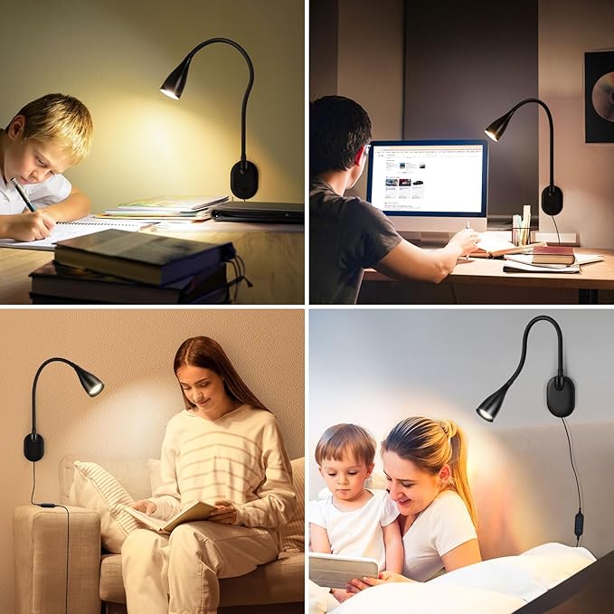 Wall-Mounted LED Bedside Reading Light with USB Charging Port, 10-Level Dimmable & Adjustable 5 Color, Plug-in Adhesive Night Lamp for Books in Bed, Eye-Caring Bedroom Lighting (Black 2 Pack)
