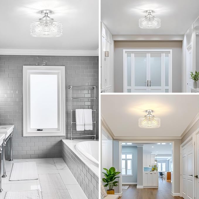 Brushed Nickel Semi Flush Mount Ceiling Light, 3-Light Vintage Ceiling Light Fixture, Hallway Lighting Fixture with Thickened Glass, 12In Kitchen Ceiling Mount Light for Entryway Bathroom, E12*3