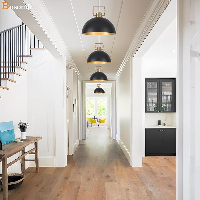 Matte Black Farmhouse Pendant Light 2 Pack Adjustable Height Vintage Hanging Industrial Ceiling Lights Fixture for Kitchen Island Hallway Dining Room Dome Chandelier Modern Pendant Lighting 12''