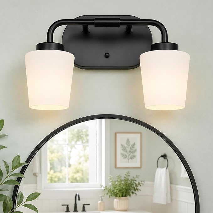 2-Light Black Bathroom Light Fixtures Over Mirror | Vanity Lighting Fixtures with Milk White Glass, Vintage Farmhouse Wall Sconces Lighting, AD-22004-2W-BK