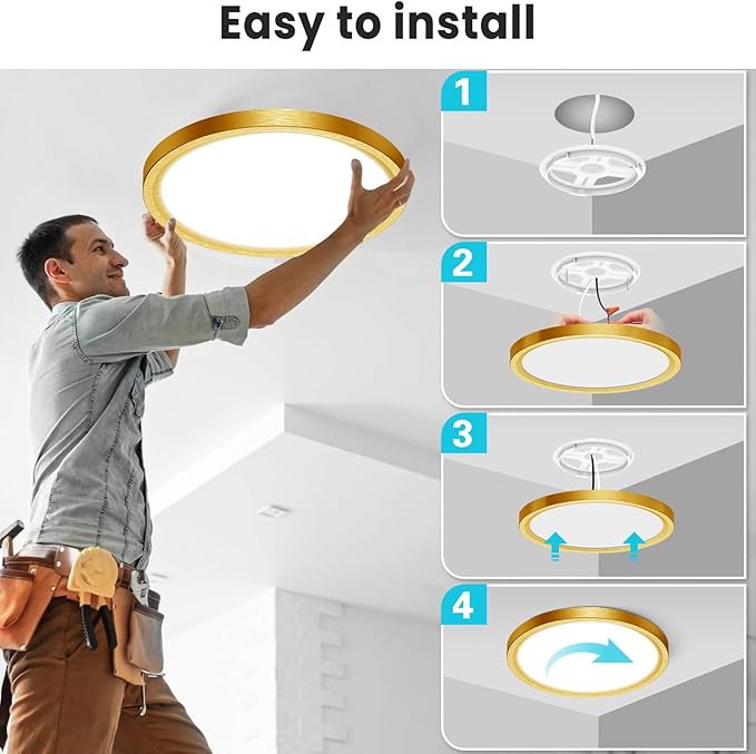 libtit 16Inch Flush Mount LED Ceiling Light Fixture, 3000K 4000K 6500K Adjustable, 36W 3600lm Gold Satin Round Ceiling Lamp for Bathroom Shower Hallway Kitchen, 1 Pack