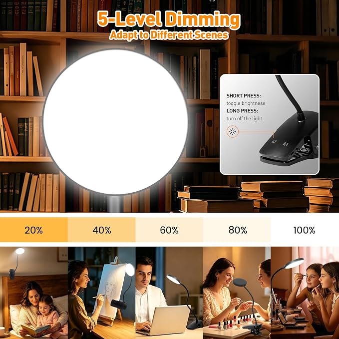 Cordless Rechargeable Clip On Desk Lamp Thick Flexible 360° Gooseneck | 450 Lumen Eye Protect Light,30 Custom Lighting Modes,5-30H Long Life Battery for Bed Headboard Desk Puzzle Craft ,Black 1 Pcs