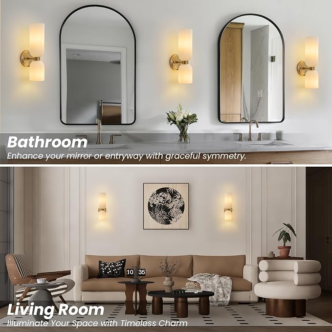 Mid Century Bathroom Wall Sconce: Set of 2 Gold Brass Milk Glass Decor | Modern Brushed Double Indoor Hardwired Light with Dimmable Bulb, Frosted White Vanity Sconces for Bedroom Hallway Living Room