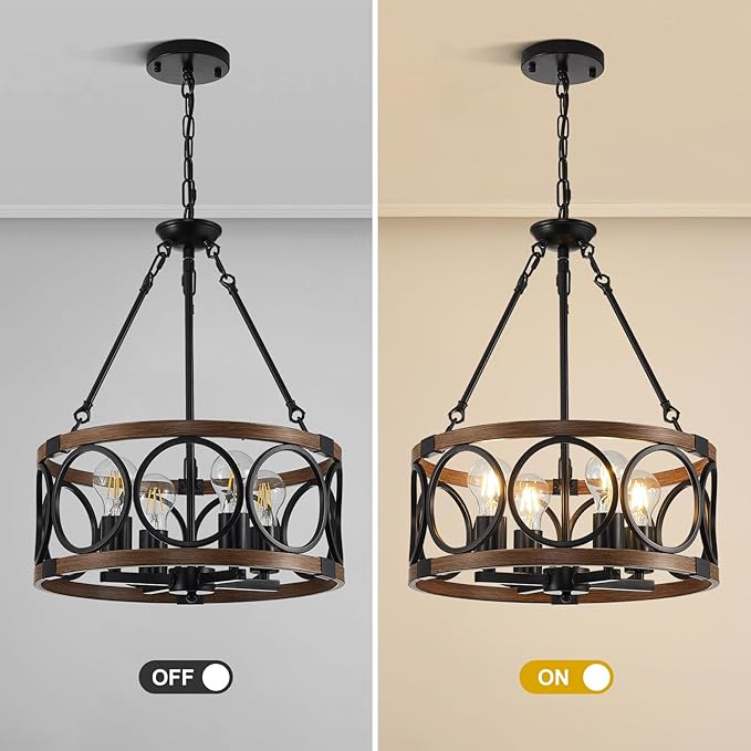 15.7'' Farmhouse Chandelier, 4-Light Walnut Wood Grain Dining Room Light Fixture Over Table, Rustic Industrial Drum Hanging Pendant Lights Fixture for Kitchen Island Bedroom Hallway Foyer Entryway