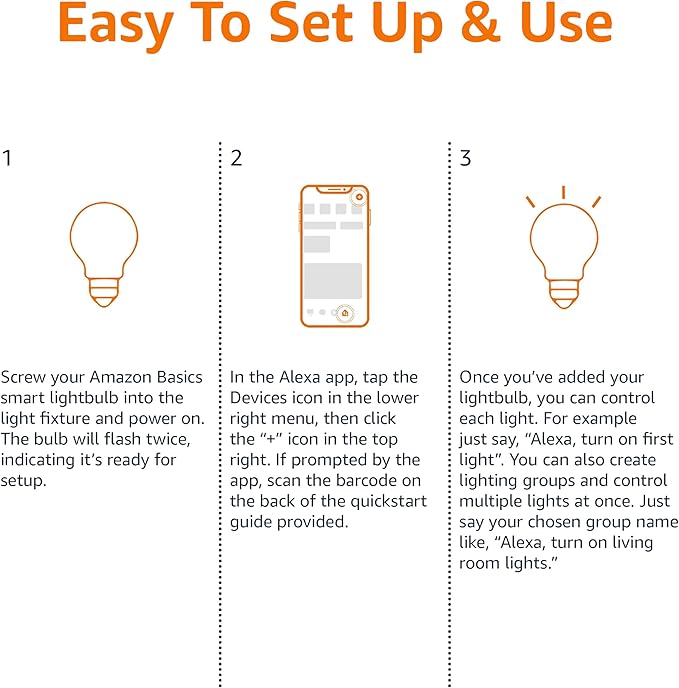 Amazon Basics Smart A19 LED Light Bulb, Dimmable Soft White (2700K), 9W (60W Equivalent), 800LM, Compatible with Alexa Only, Energy Efficient, 2.4 GHz Wi-Fi, No Hub Required, 2-Pack