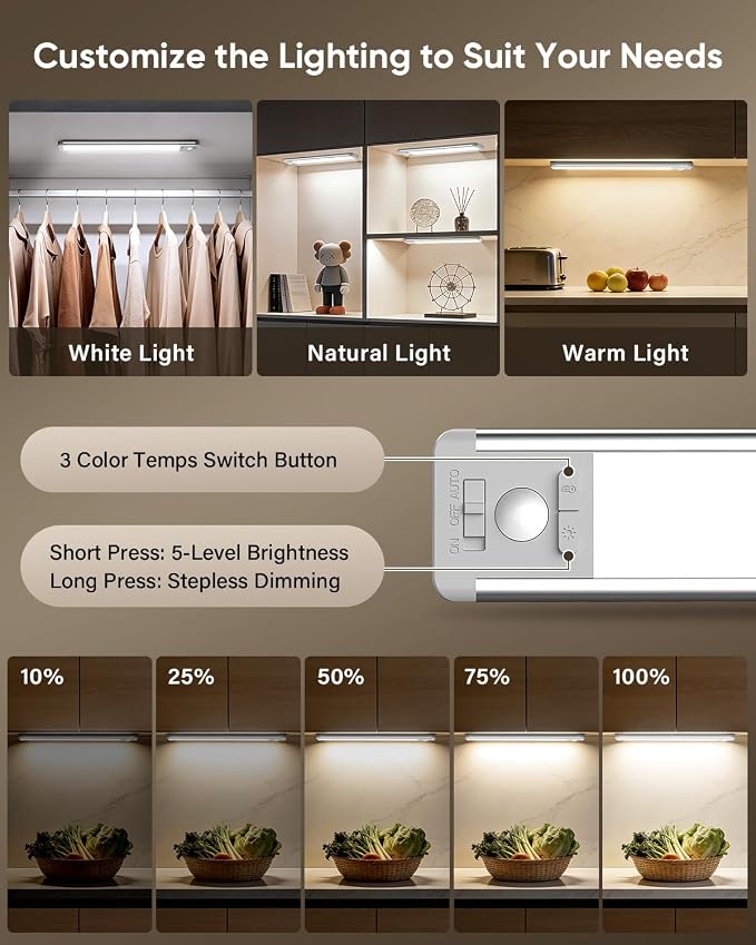 MCGOR 5 Pack 14.7inch Under Cabinet Lighting, Rechargeable Motion Sensor Light Indoor with 3 Color Temps, Dimmable Magnetic Led Closet Lights, Wireless Under Counter Lights for Kitchen, Stairs