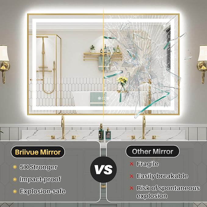 36x30 Inch LED Bathroom Mirror with Gold Frame, Backlit & Front Lit | Anti-fog, 3 Color Dimmable, Memory Function, HD Reflection Tempered Glass, ETL Listed, IP54 Waterproof
