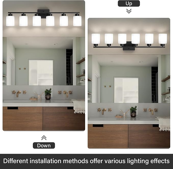 FonmYim Black Bathroom Light Fixtures Vanity Lights Over Mirror | Modern 6-Light lighting fixtures for bathroom with Milky White Frosted Glass Shades, E26 Socket (Bulbs Not Included)