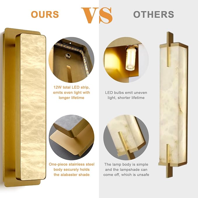 19.7" Brass Wall Sconces, Natural Alabaster Wall Sconce, Gold Marble Sconces Wall Lighting, Large Rectangular Bedside Lamp Perfect for Living Room, Dining Room,Stairs, Hallway, Bedroom