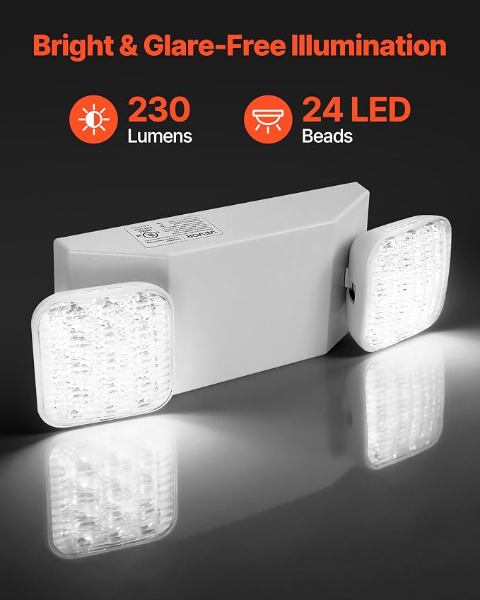 VEVOR 4 Pack Emergency Lights for Business, with Battery Backup, Commercial LED Emergency Exit Lighting Fixtures, AC 120/277V, with Two Square Head Adjustable, 90-Minute Backup, for Business, White