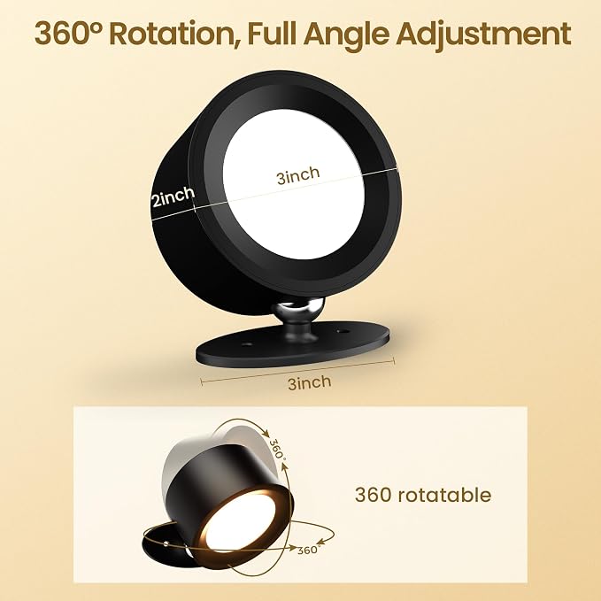 Wall Mounted Lamp, Rechargeable Battery Operated Wall Lights, Black-3 Pack | Rechargeble Renter Friendly, 3 Color Temperatures & 3 Brightness Levels 360°Rotate Magnetic Ball, Sconces for Reading Bedroom