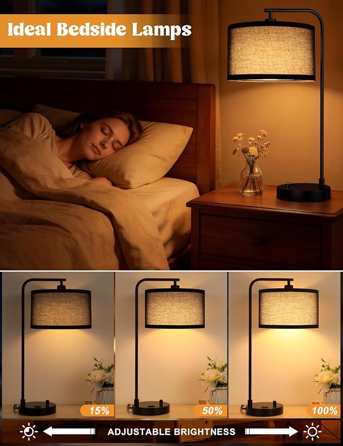 Innqoo Black Table Lamp for Bedroom with USB Port and Outlet, Dimmable Nightstand Bedside Lamps with Linen Lampshade, Desk Lamp for Home Office, Living Room, Guest Room, LED Bulb Included