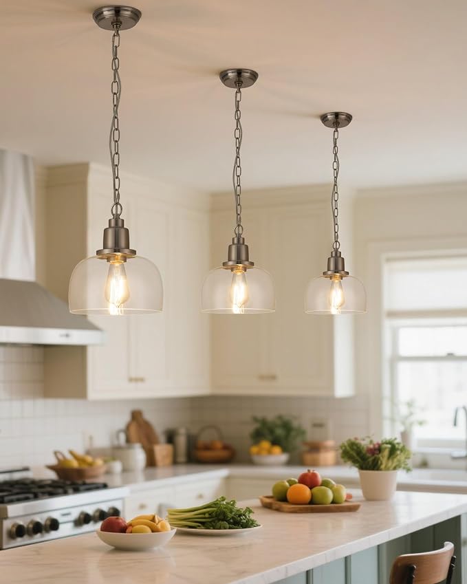 EAPUDUN Modern Farmhouse Pendant Light, 1-Light Industrial Hanging Light Fixture 9.3-inch, Brushed Nickel Finish with Clear Glass Shade, PDA1127-BNK