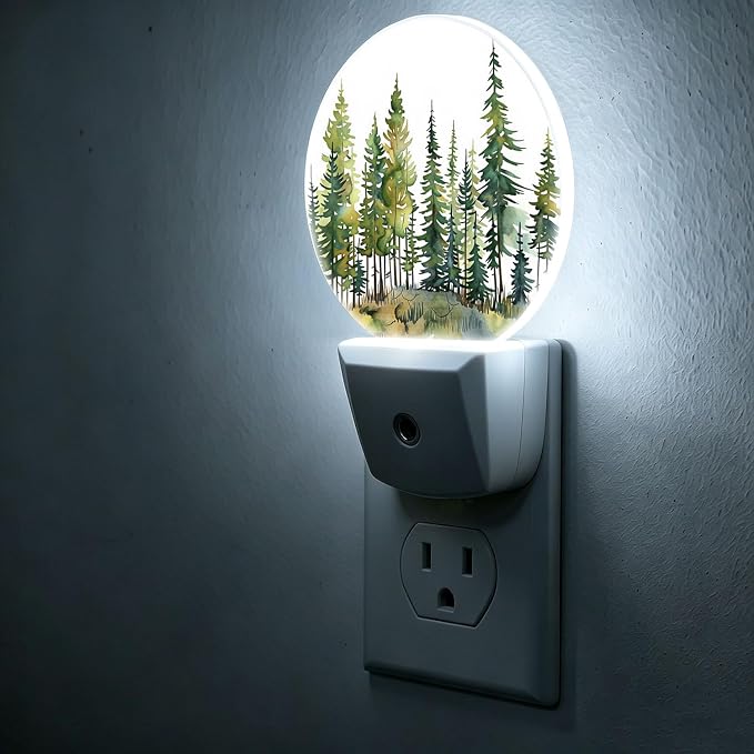 Nightlight Green Pine Tree Forest Plug-in Night Lights Dusk to Dawn | Nature Landscape Night Light LED Round Lamp with Auto on/off Sensor for Kitchen Hallway Bedroom Bathroom