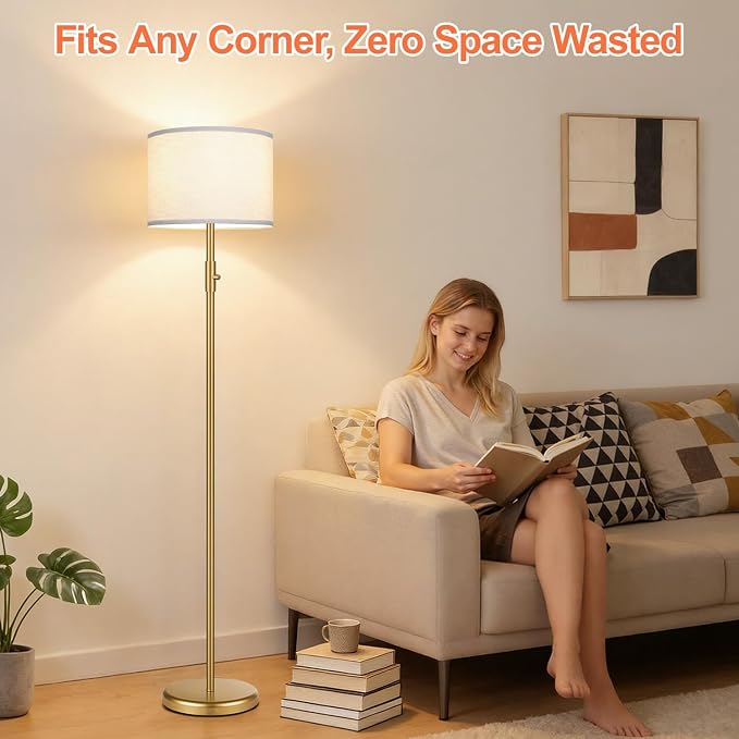 【Upgraded】 Dimmable Gold Floor Lamps for Living Room, 9W LED Bulb Included, Modern Standing Lamp with White Lamp Shade, Tall Pole Light for Bedroom Reading Office Corner Nursery