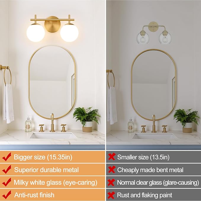 MOKATNG 2-Light Bathroom Light Fixtures, Brushed Gold Vanity Lights for Bathroom with Milky White Glass Shade, Bathroom Lighting Fixtures Over Mirror, Wall Sconce for Bedroom (Bulb Not Included)