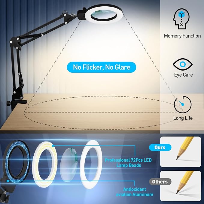 KIRKAS 12X Magnifying Glass with Light and Stand, Overhead Knob 2 in 1 | Lighted Magnifier Lamp for Workbench, Craft, Sewing, Repair, Real Glass Lens Stepless Dimming and Color (9.06IN Base & Clamp)
