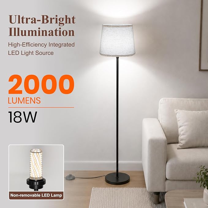 Ascher 2000LM Super Bright Floor Lamp, 18W LED Standing Lamp with 3000K-6000K & 7 RGB Colors, Remote & Foot Control, Dimmable Tall Lamp for Living Room Bedroom Office (Beige Flaxen Shade)