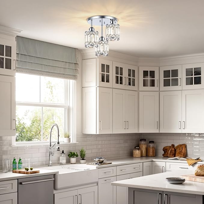 Chrome Crystal Ceiling Light Fixture, 3-Light, E26 | Modern Semi Flush Mount Ceiling Light, Kitchen Lighting Fixtures Ceiling for Hallway Bedroom Bathroom Laundry Room